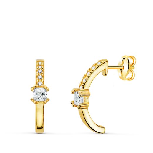 18K Pendientes Oro Amarillo Medio Aro Liso Banda Circonita 13 X 3 Mm Cierre Presion.