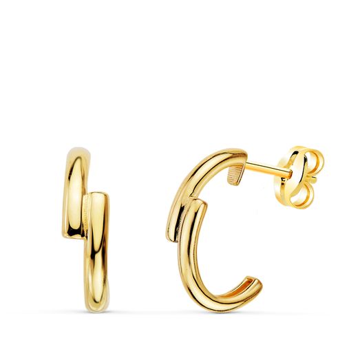 18K Pendientes Oro Amarillo Medio Aro Liso Banda Doble Brillo 13 X 4 Mm Cierre Presion.