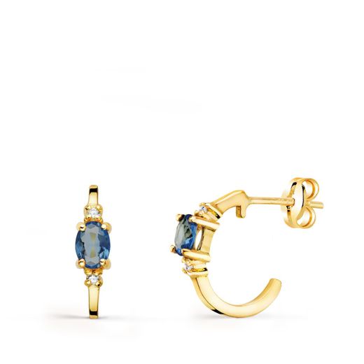 18K Pendientes Oro Amarillo Medio Aro Liso Con Aguamarina 12X3 Mm Cierre Presion.