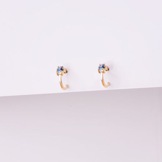 18K Pendientes Oro Amarillo Medio Aro Liso Con Aguamarina 12X3 Mm Cierre Presion.