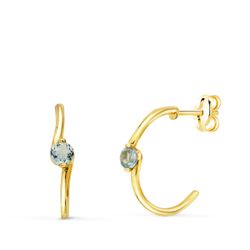 18K Pendientes Oro Amarillo Medio Aro Liso Con Aguamarina 15X3 Mm Cierre Presion.