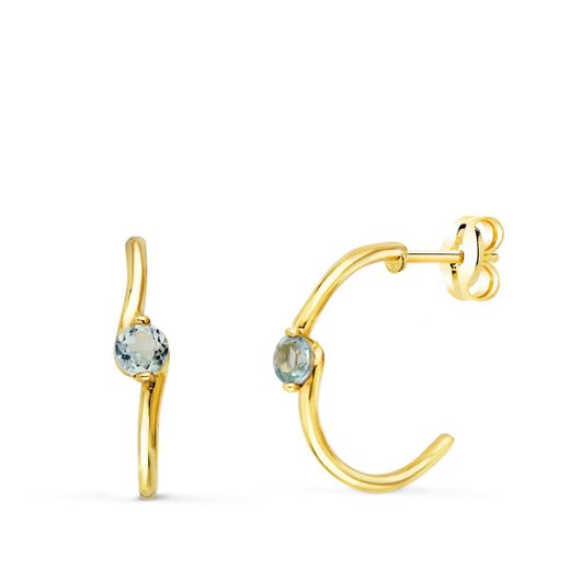 18K Pendientes Oro Amarillo Medio Aro Liso Con Aguamarina 15X3 Mm Cierre Presion.