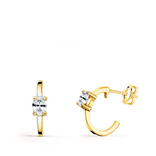 18K Pendientes Oro Amarillo Medio Aro Liso Con Circonita 12X3 Mm Cierre Presion.