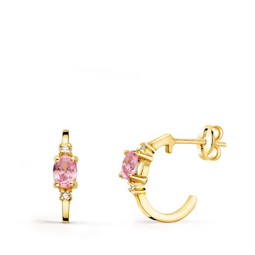18K Pendientes Oro Amarillo Medio Aro Liso Con Circonita Rosa 12X3 Mm Cierre Presion.