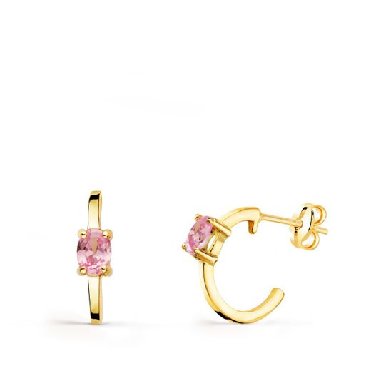 18K Pendientes Oro Amarillo Medio Aro Liso Con Circonita Rosa 12X3 Mm Cierre Presion.