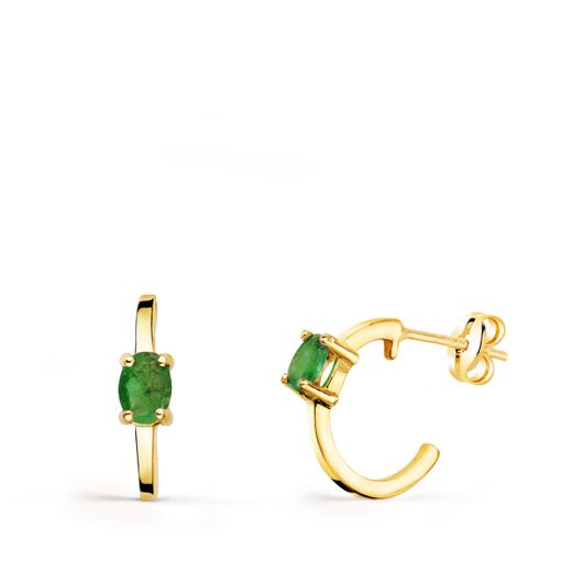 18K Pendientes Oro Amarillo Medio Aro Liso Con Esmeraldas 12X3 Mm Cierre Presion.