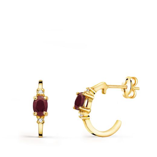 18K Pendientes Oro Amarillo Medio Aro Liso Con Rubi 12X3 Mm Cierre Presion.