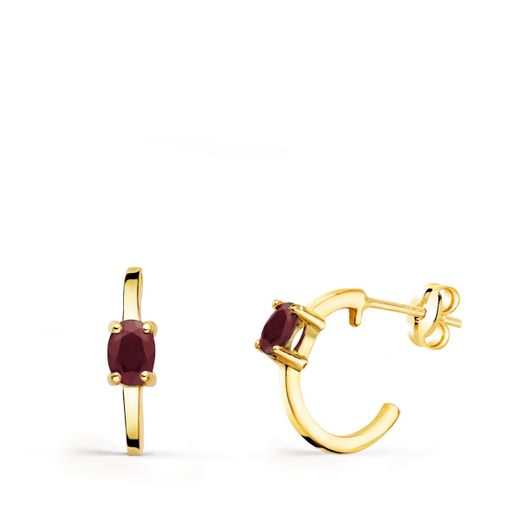 18K Pendientes Oro Amarillo Medio Aro Liso Con Rubi 12X3 Mm Cierre Presion.