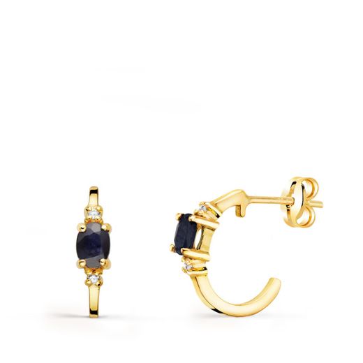 18K Pendientes Oro Amarillo Medio Aro Liso Con Zafiros 12X3 Mm Cierre Presion.