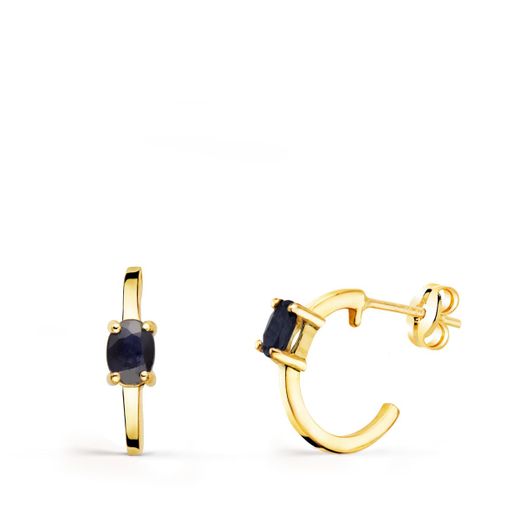 18K Pendientes Oro Amarillo Medio Aro Liso Con Zafiros 12X3 Mm Cierre Presion.
