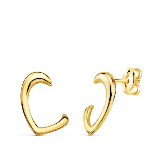 18K Pendientes Oro Amarillo Medio Corazon Brillo. Cierre Presion 12 X 11 Mm