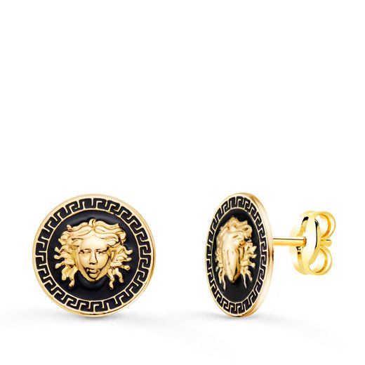 18K Pendientes Oro Amarillo Medusa Y Borde De Greca Esmalte Negro. Ancho: 12 Mm. Cierre Presion