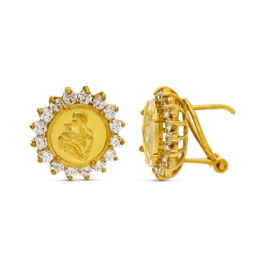 18K Pendientes Oro Amarillo Moneda Madre. 14X13 Mm Cierre Omega