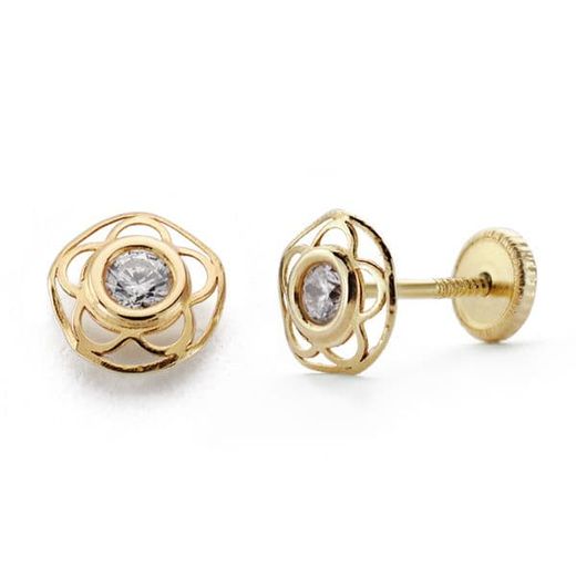 18K Pendientes Oro Amarillo Niña Flor Circonita Tuerca