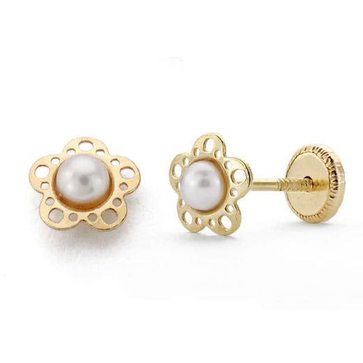 18K Pendientes Oro Amarillo Niña Flor Perlita Tuerca