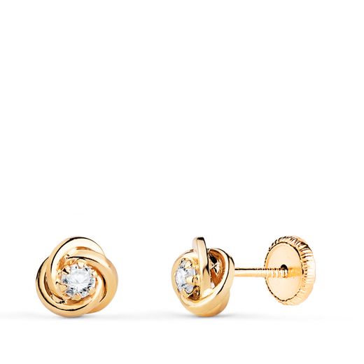 18K Pendientes Oro Amarillo Nudo Con Circonita. Medida: 6X6 Mm. Cierre Tuerca