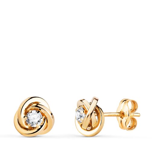 18K Pendientes Oro Amarillo Nudo Con Circonita. Medida: 7X7 Mm. Cierre Presion