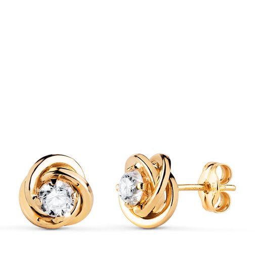 18K Pendientes Oro Amarillo Nudo Con Circonita. Medida: 8X8 Mm. Cierre Presion