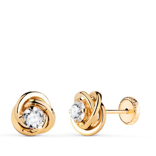18K Pendientes Oro Amarillo Nudo Con Circonita. Medida: 8X8 Mm. Cierre Tuerca