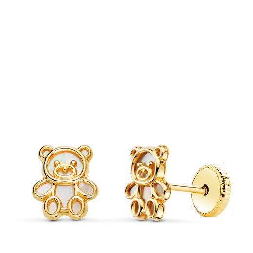 18K Pendientes Oro Amarillo Osito Silueta Interior Nacar 7 X 6 Mm. Cierre Tuerca