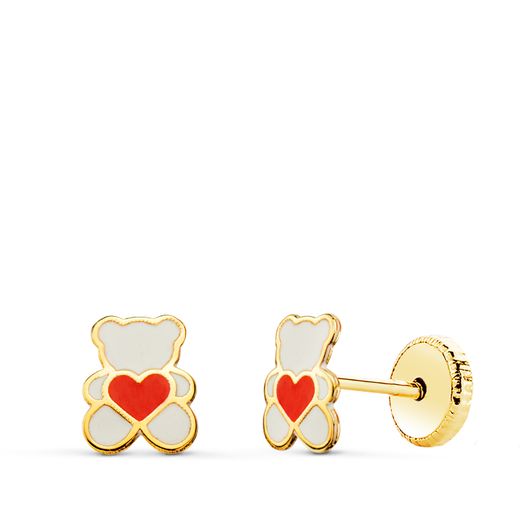 18K Pendientes Oro Amarillo Oso Esmalte Blanco Y Corazon. 6 X 4.5 Mm. Cierre Tuerca