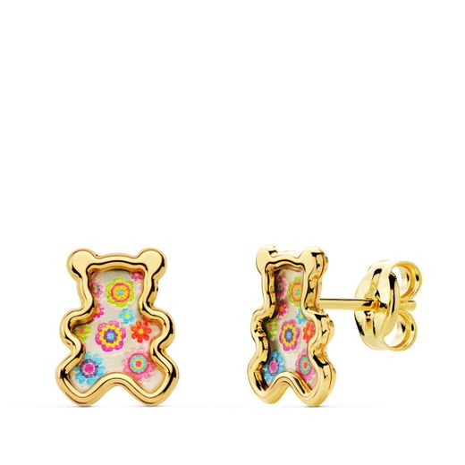 18K Pendientes Oro Amarillo Oso Nacar Colores. 8X6.5 Mm Cierre Presion