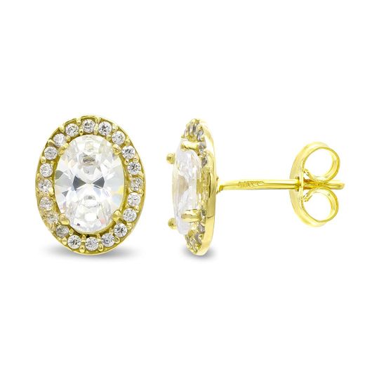 18K Pendientes Oro Amarillo Oval Circonita 10X8 Mm Cierre Presion
