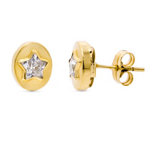 18K Pendientes Oro Amarillo Oval Con Estrella 9X7 Mm Cierre Presion