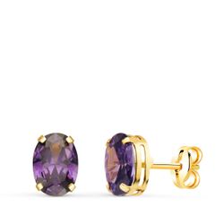 18K Pendientes Oro Amarillo Oval Piedra Amatista 7 X 5 Mm. Cierre Presion