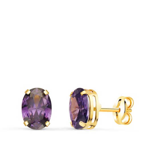 18K Pendientes Oro Amarillo Oval Piedra Amatista 7 X 5 Mm. Cierre Presion