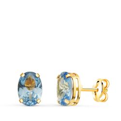 18K Pendientes Oro Amarillo Oval Piedra Azul 7 X 5 Mm. Cierre Presion