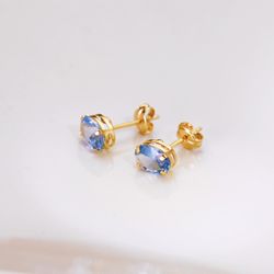 18K Pendientes Oro Amarillo Oval Piedra Azul 7 X 5 Mm. Cierre Presion