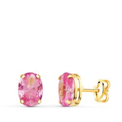 18K Pendientes Oro Amarillo Oval Piedra Rosa 7 X 5 Mm. Cierre Presion
