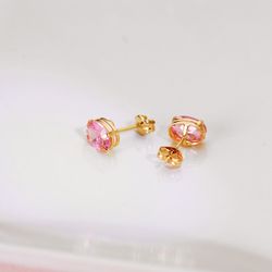 18K Pendientes Oro Amarillo Oval Piedra Rosa 7 X 5 Mm. Cierre Presion