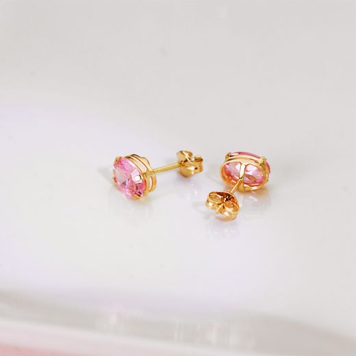 18K Pendientes Oro Amarillo Oval Piedra Rosa 7 X 5 Mm. Cierre Presion