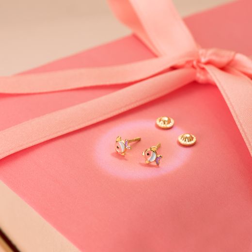 18K Pendientes Oro Amarillo Peces Esmalte Colores 5,5 X 5 Mm Cierre Tuerca