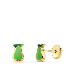 18K Pendientes Oro Amarillo Pera Esmalte Verde 6 X 4 Mm. Cierre Tuerca