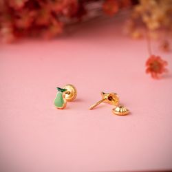 18K Pendientes Oro Amarillo Pera Esmalte Verde 6 X 4 Mm. Cierre Tuerca