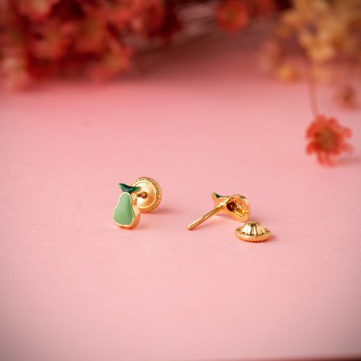 18K Pendientes Oro Amarillo Pera Esmalte Verde 6 X 4 Mm. Cierre Tuerca