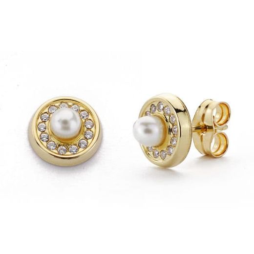 18K Pendientes Oro Amarillo Perla 3 Mm Circonita Presion