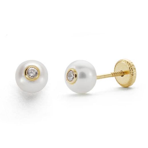 18K Pendientes Oro Amarillo Perla 5 Mm Circonita Cierre Tuerca
