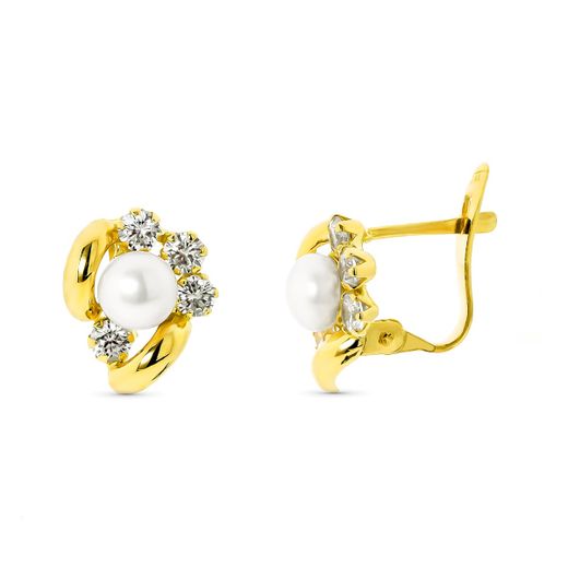 18K Pendientes Oro Amarillo Perla 5 Mm Y Circonita Cierre Catalan