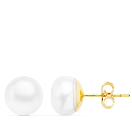 18K Pendientes Oro Amarillo Perla Barrocas 9.5-10 Mm Cierre Presion