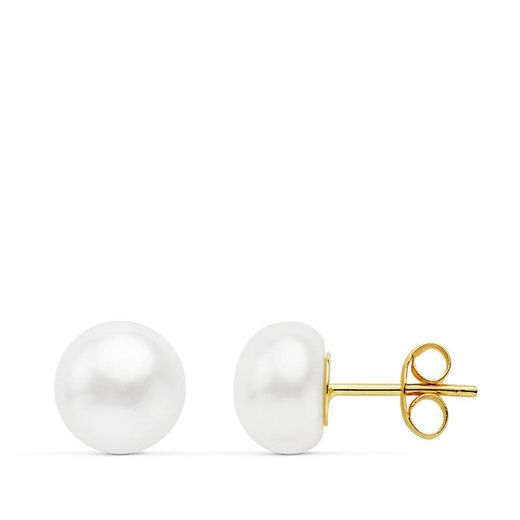 18K Pendientes Oro Amarillo Perla Boton 8-8.5 Mm Cierre Presion