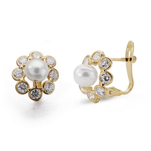 18K Pendientes Oro Amarillo Perla Circonita 11X9 Mm Cierre Catalan
