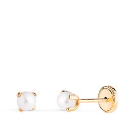 18K Pendientes Oro Amarillo Perla Con 4 Garras. Medida: 3 Mm. Cierre Tuerca