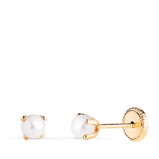 18K Pendientes Oro Amarillo Perla Con 4 Garras. Medida: 3 Mm. Cierre Tuerca