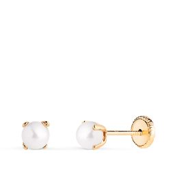 18K Pendientes Oro Amarillo Perla Con 4 Garras. Medida: 4 Mm. Cierre Tuerca