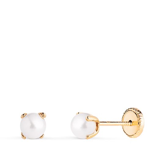 18K Pendientes Oro Amarillo Perla Con 4 Garras. Medida: 4 Mm. Cierre Tuerca