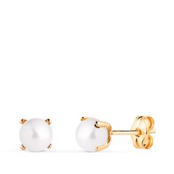 18K Pendientes Oro Amarillo Perla Con 4 Garras. Medida: 5 Mm. Cierre Presion
